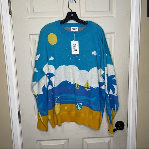 SINAR Men's Blue Yellow Sweater Beach Crew Neck Knit New Sailboat Beach Sz L - Picture 1 of 5